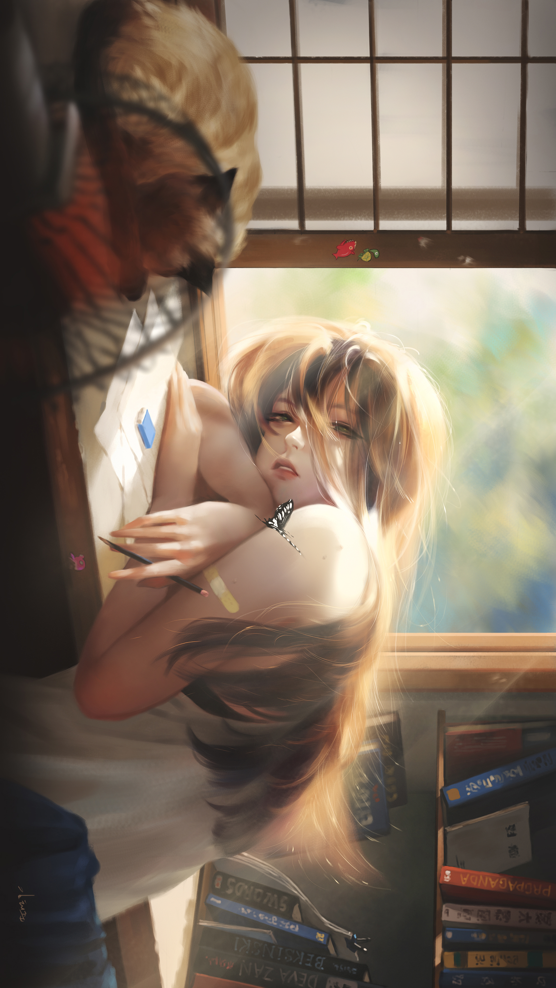 女生 书桌 猫 唯美动漫插画4k手机壁纸竖屏2160×3840