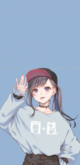 动漫女孩蓝色背景马尾巴棒球帽