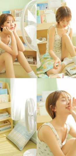 橙色的夏日，清新小碎花衫短裤美女养眼夏日写真图片