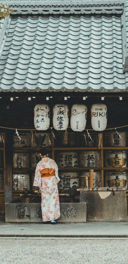 日本风格手机壁纸，日式建筑，穿和服的日本女性