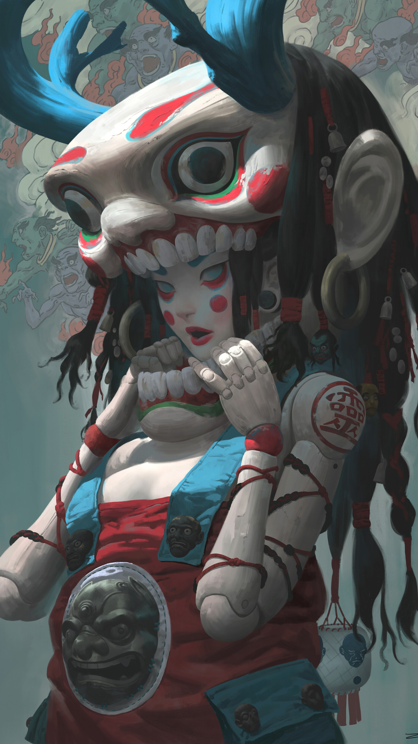 传统日系小鬼面具惊悚个性人物插画手机壁纸