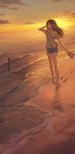 海边光脚的少女全面屏手机壁纸动漫