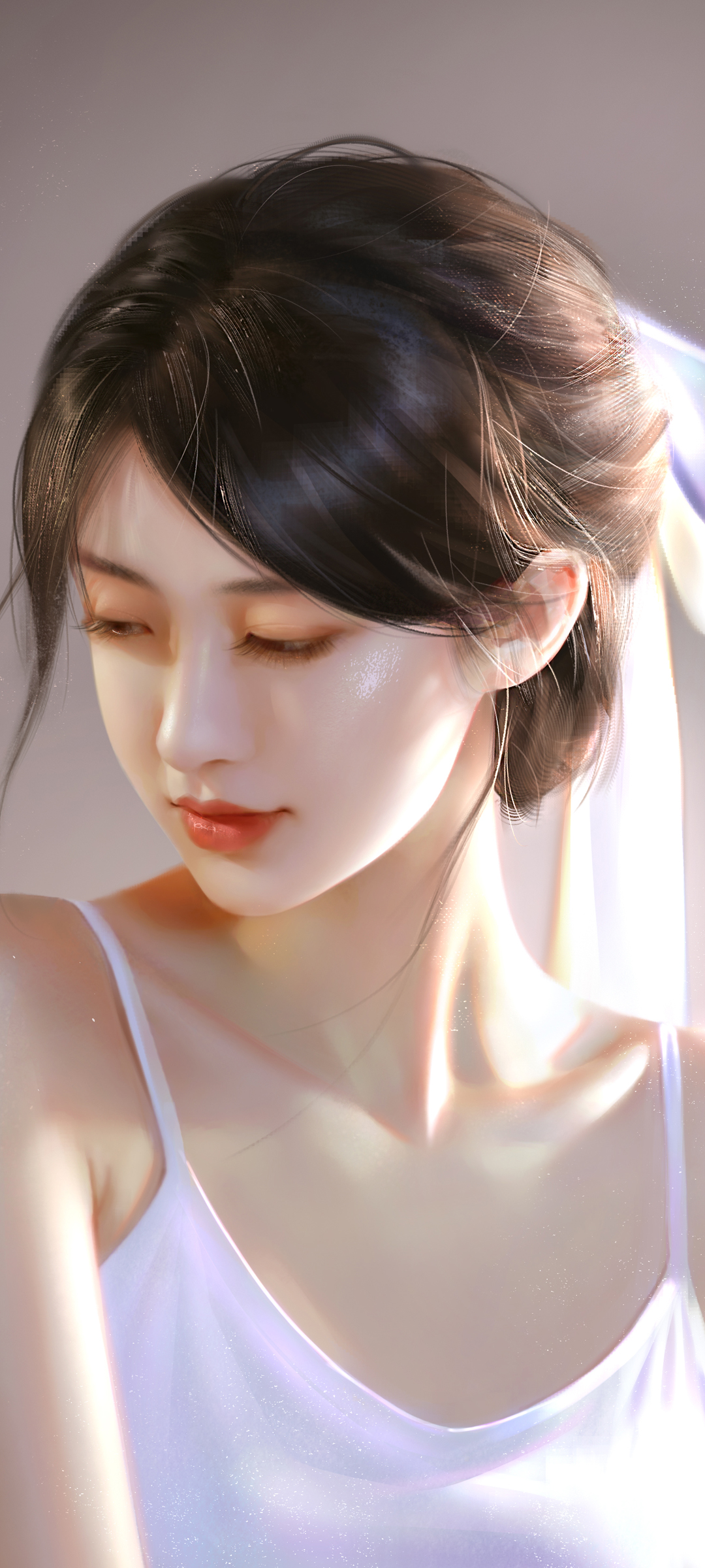 好看居家美女 白色睡衣 动漫插画 侧脸美女手机壁纸