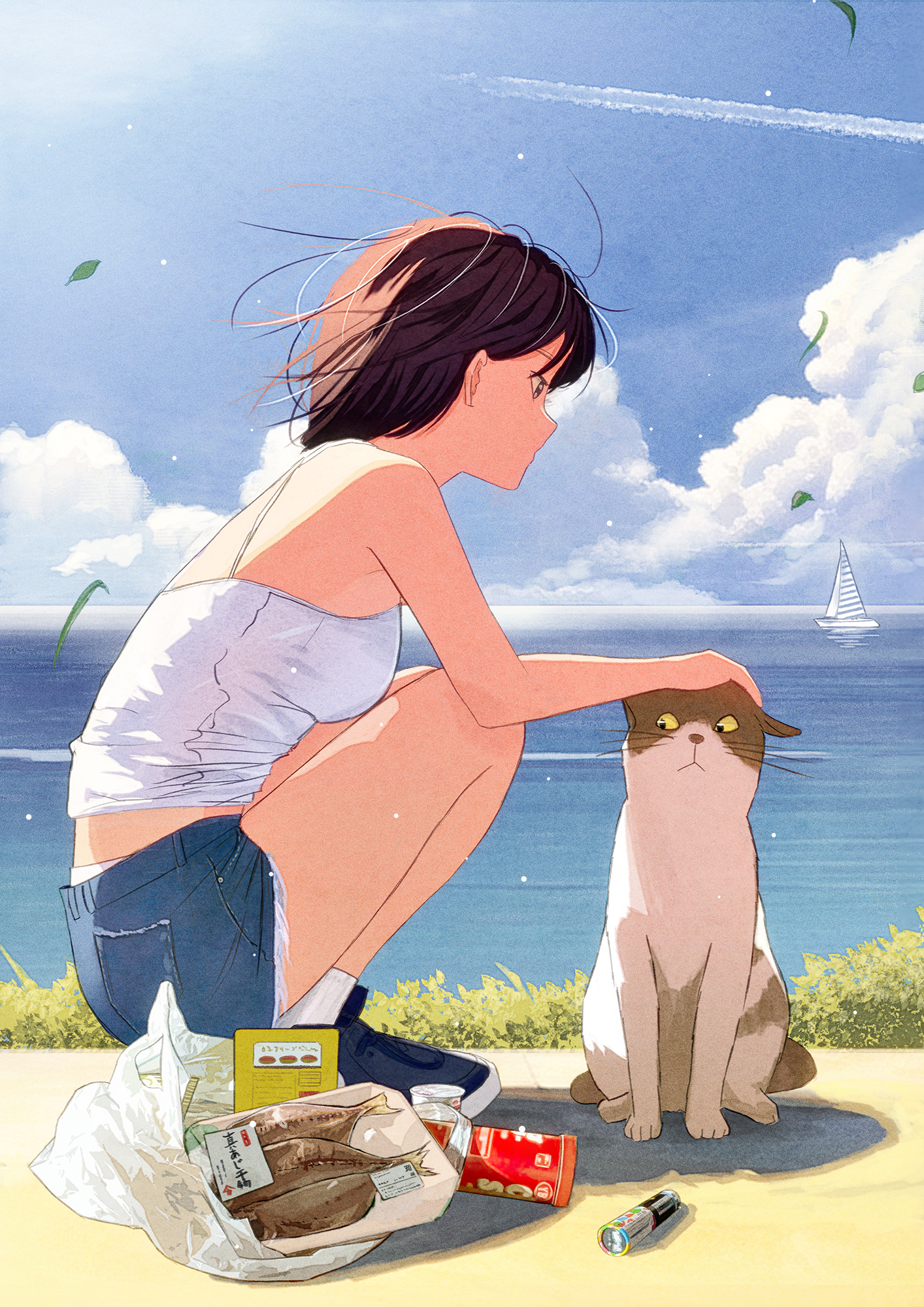 女生和猫在海边