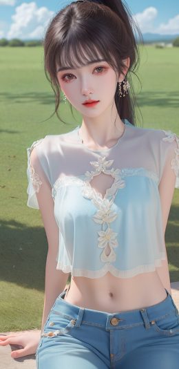 夏天清新美女 夏装 牛仔裤 ai绘画 高清4k手机壁纸