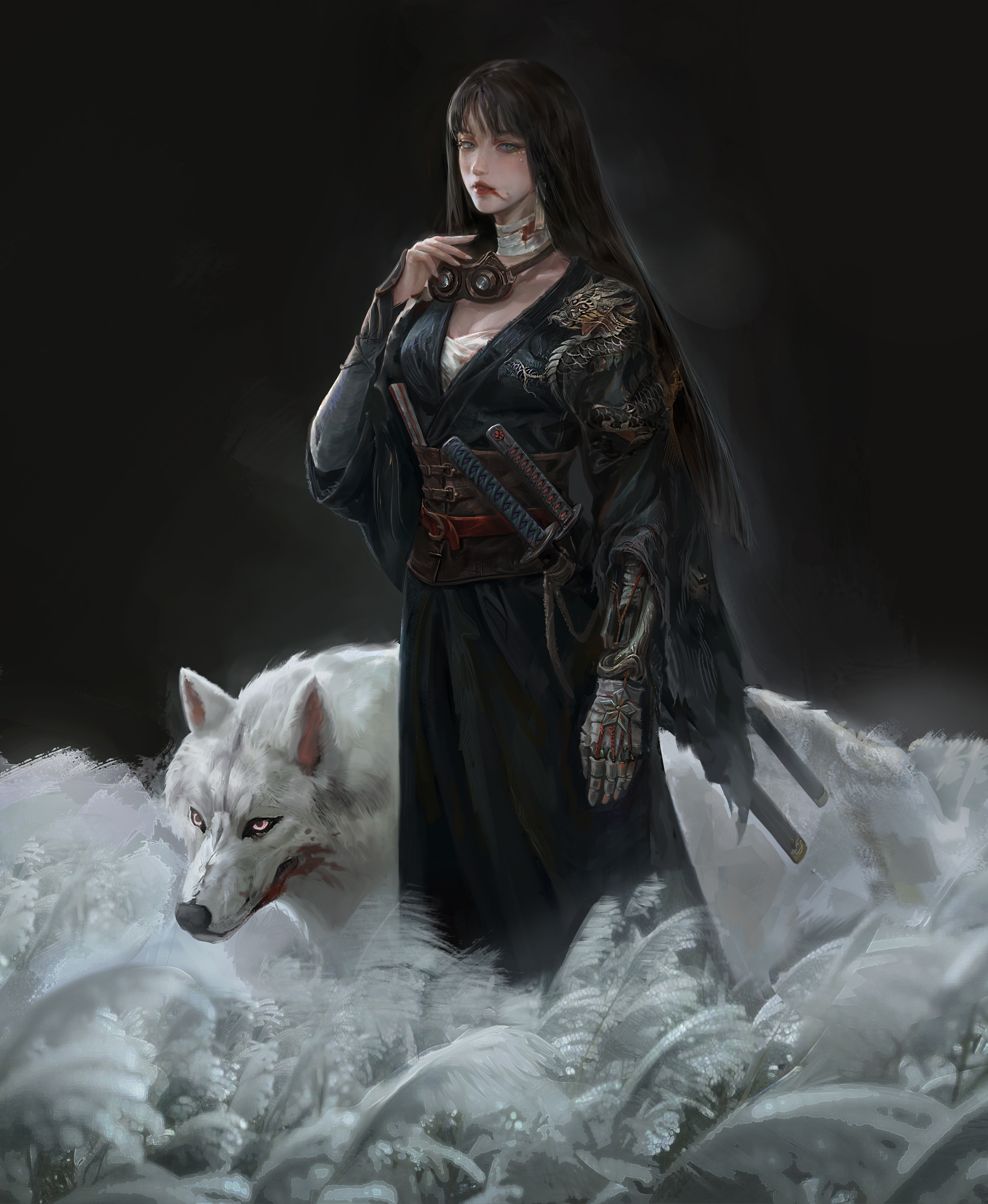 美女武士和狼 手机壁纸