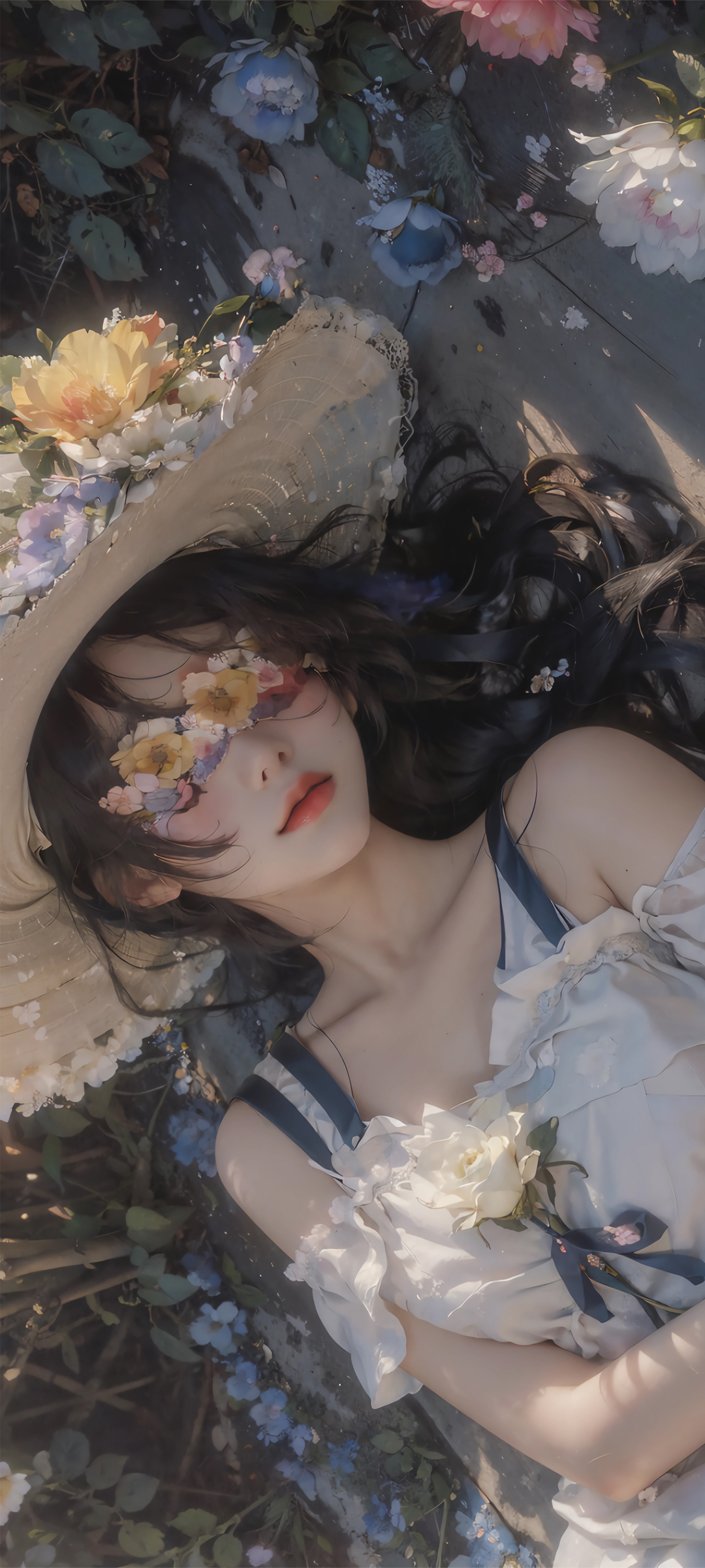 动漫少女 白色裙子 鲜花 帽子 高清手机壁纸