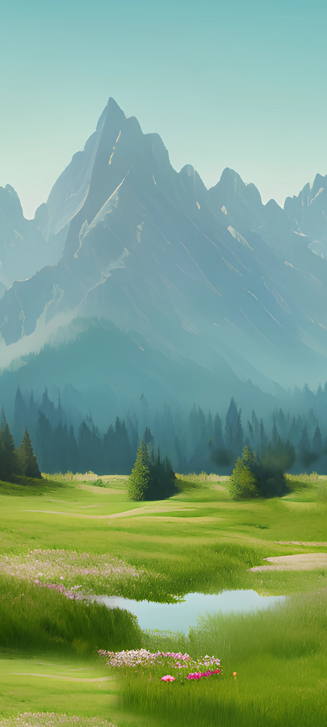 原创ai风景 高山 绿草地 树林 水池 手机壁纸