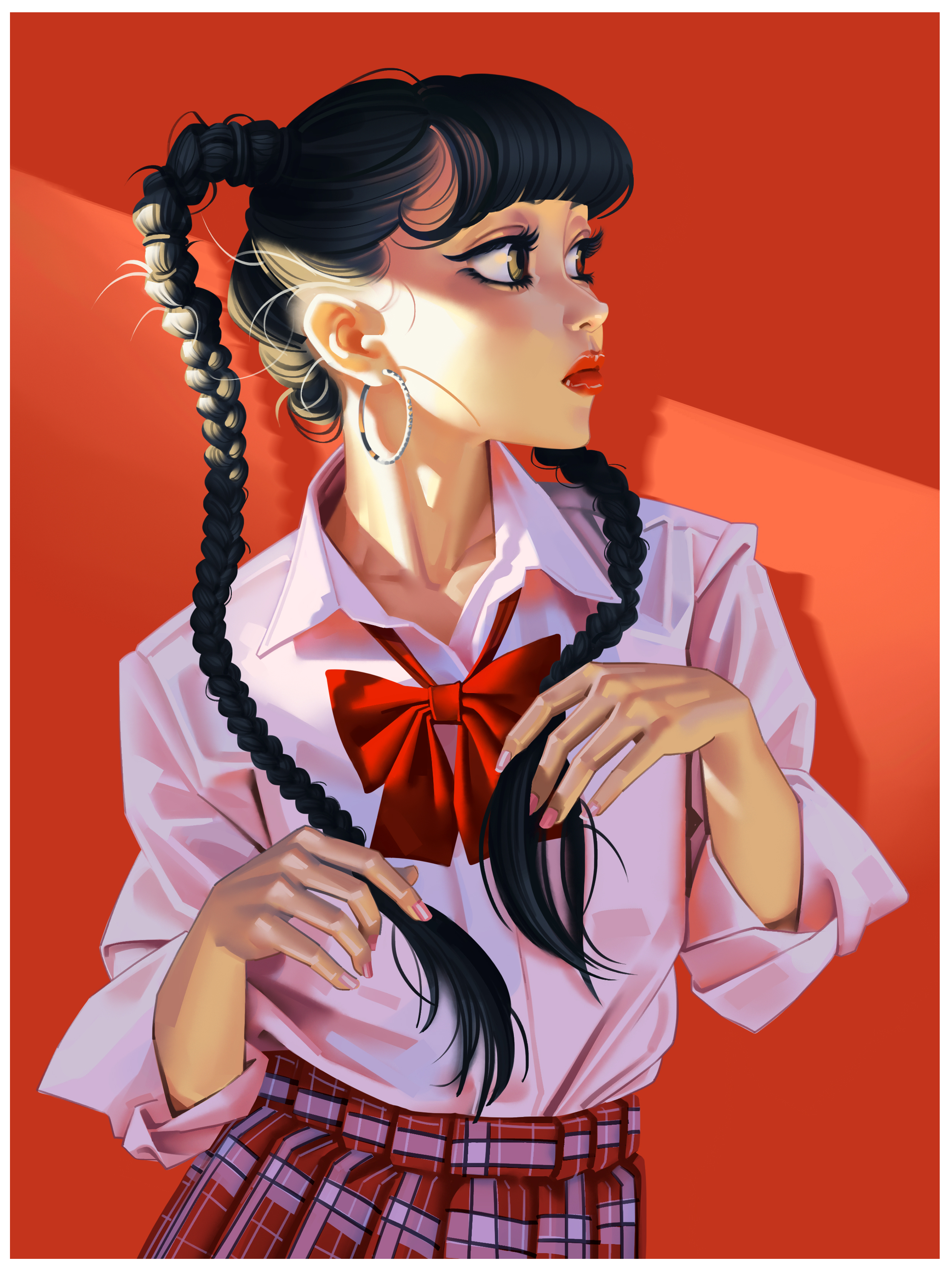 红色背景 女学生 动漫手机壁纸