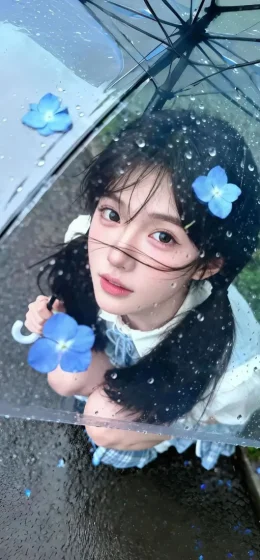 撑伞美女手机壁纸｜蓝色花朵背景图片 - 雨天Ios