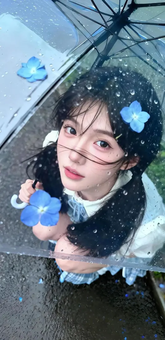 撑伞美女手机壁纸｜蓝色花朵背景图片 – 雨天Ios