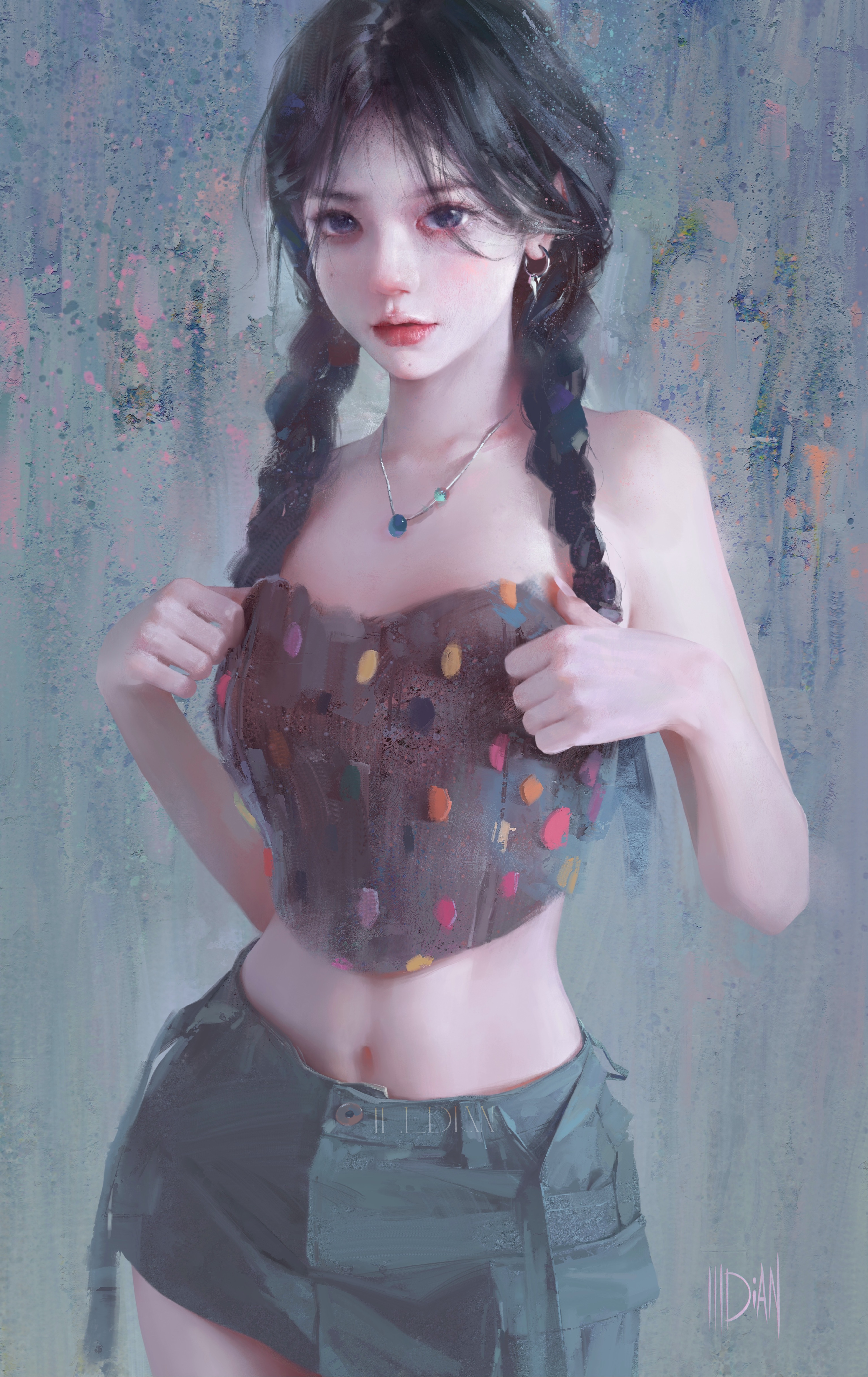 女性｜肚脐｜辫子