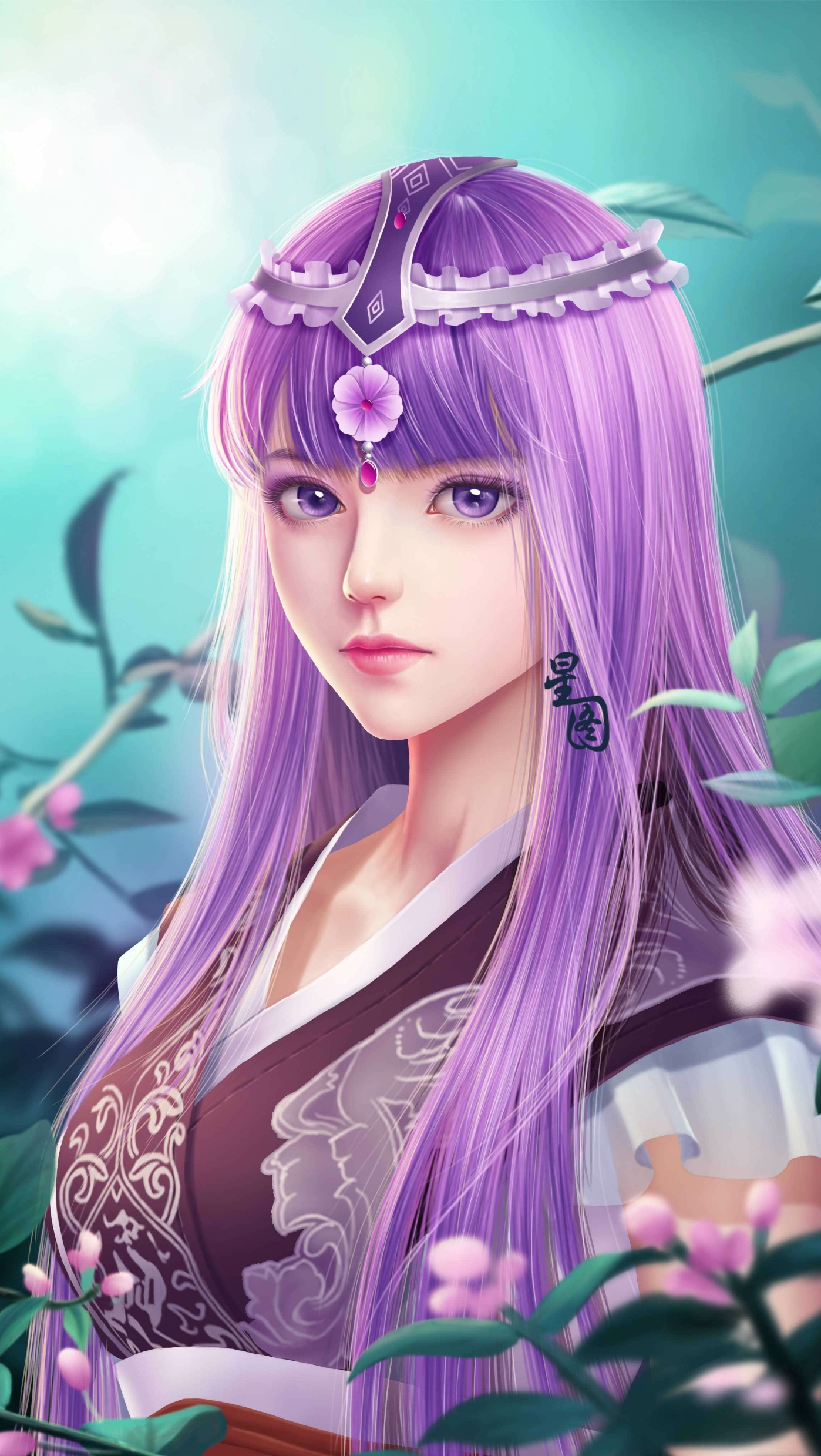 紫色头发｜看着观众｜亚洲人