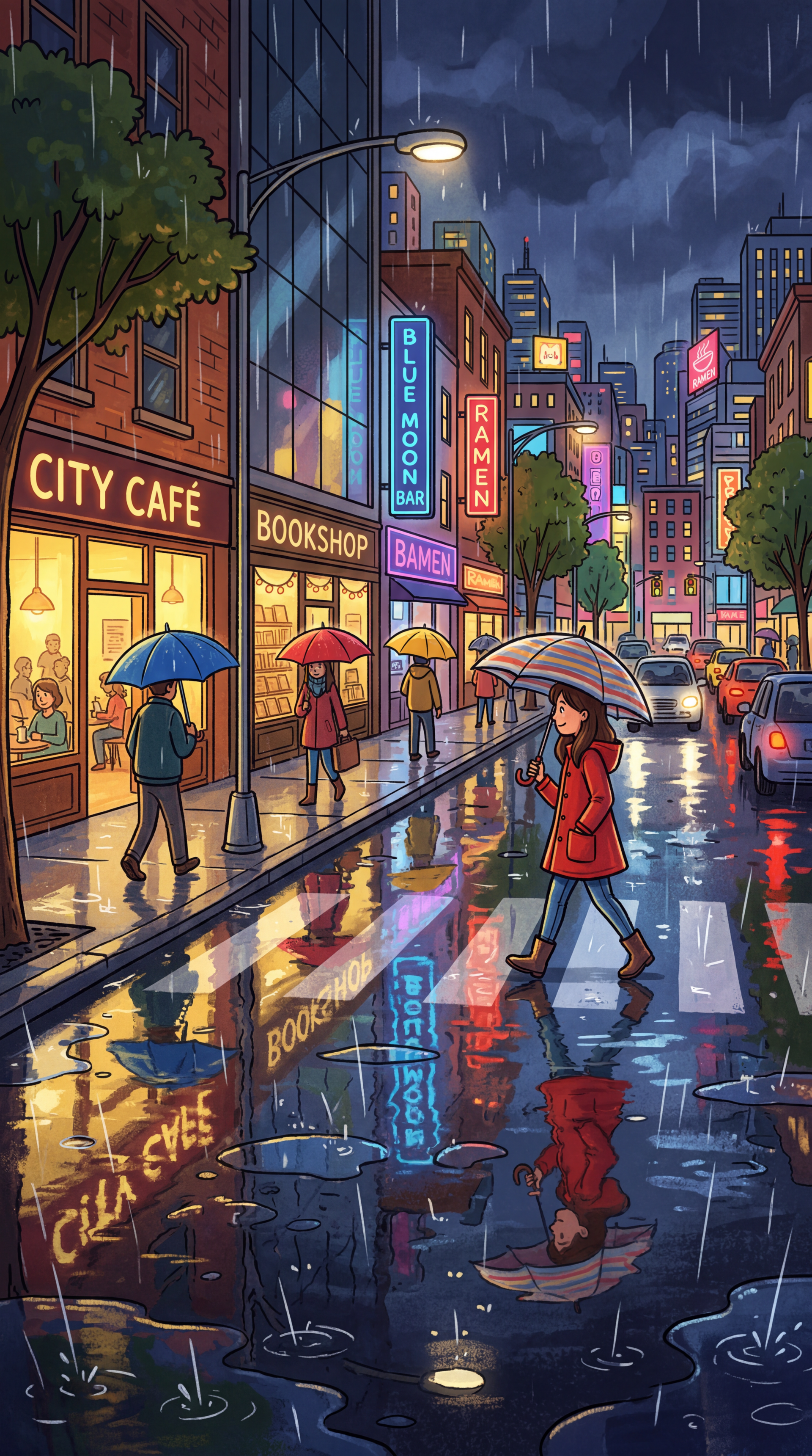 霓虹灯雨反射 — iPhone 壁纸