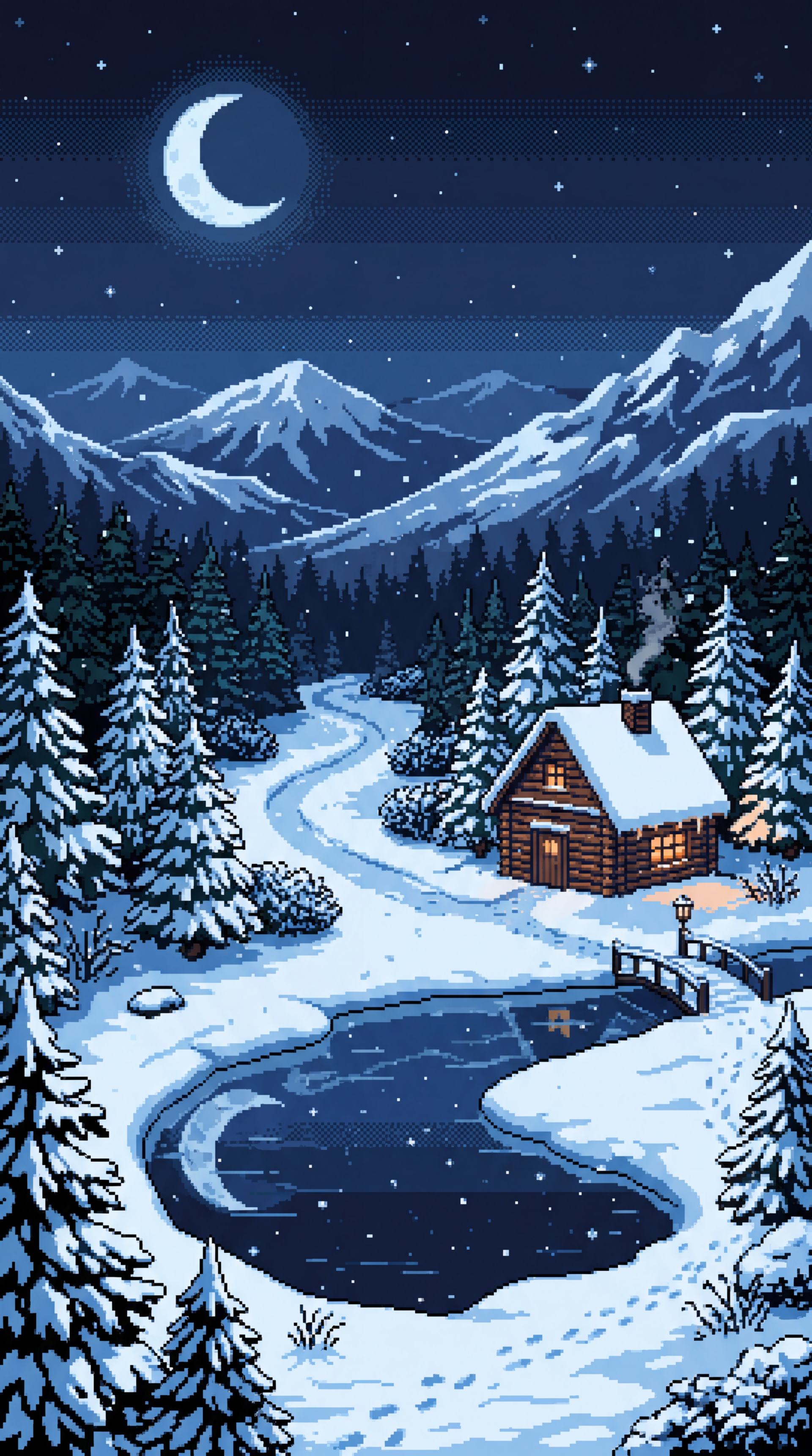 冬季宁静：月光小屋|雪域之夜iPhone壁纸|安静的霜 – 手机壁纸
