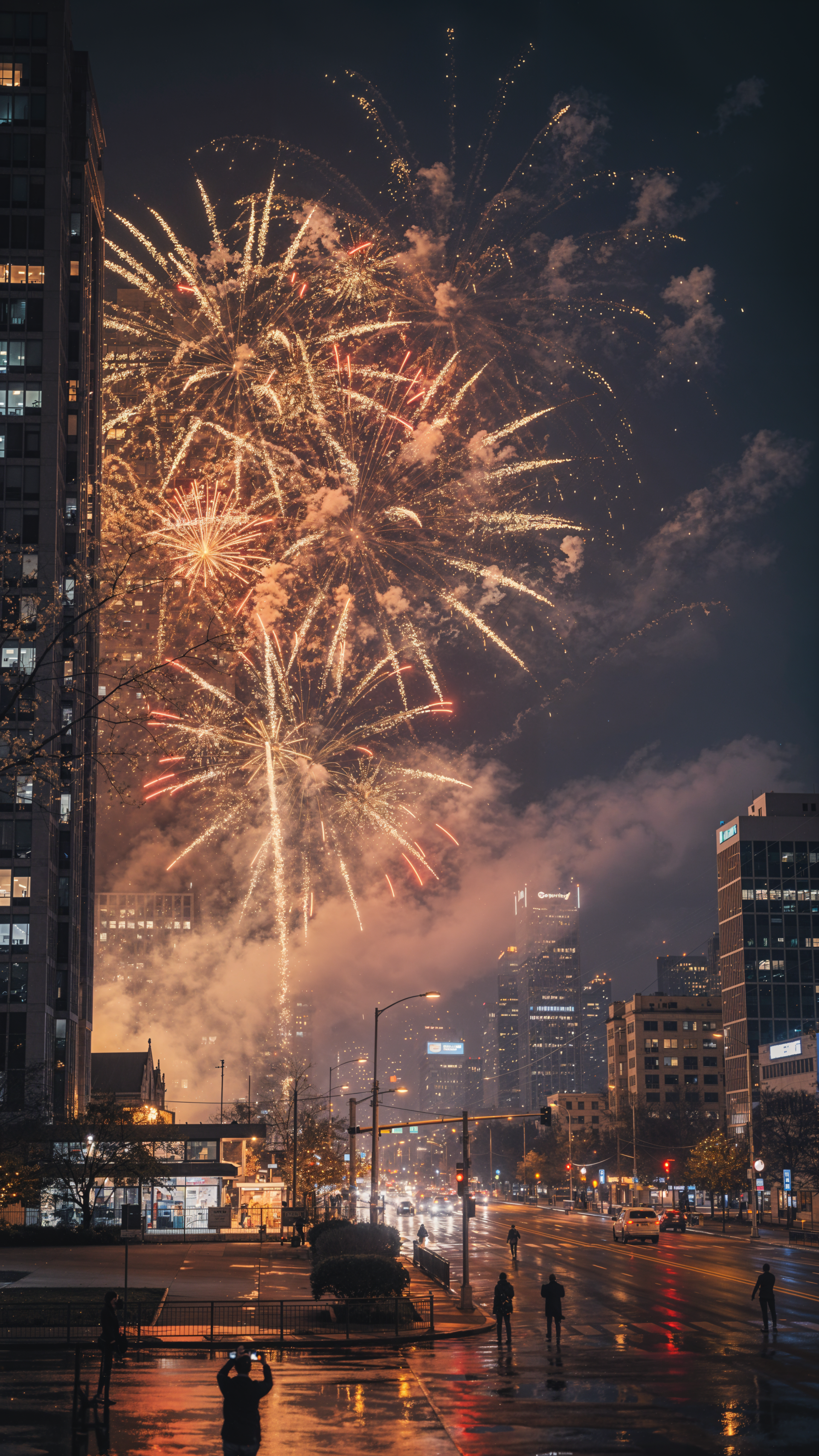午夜城市爆发 — 新年烟花 iPhone 壁纸