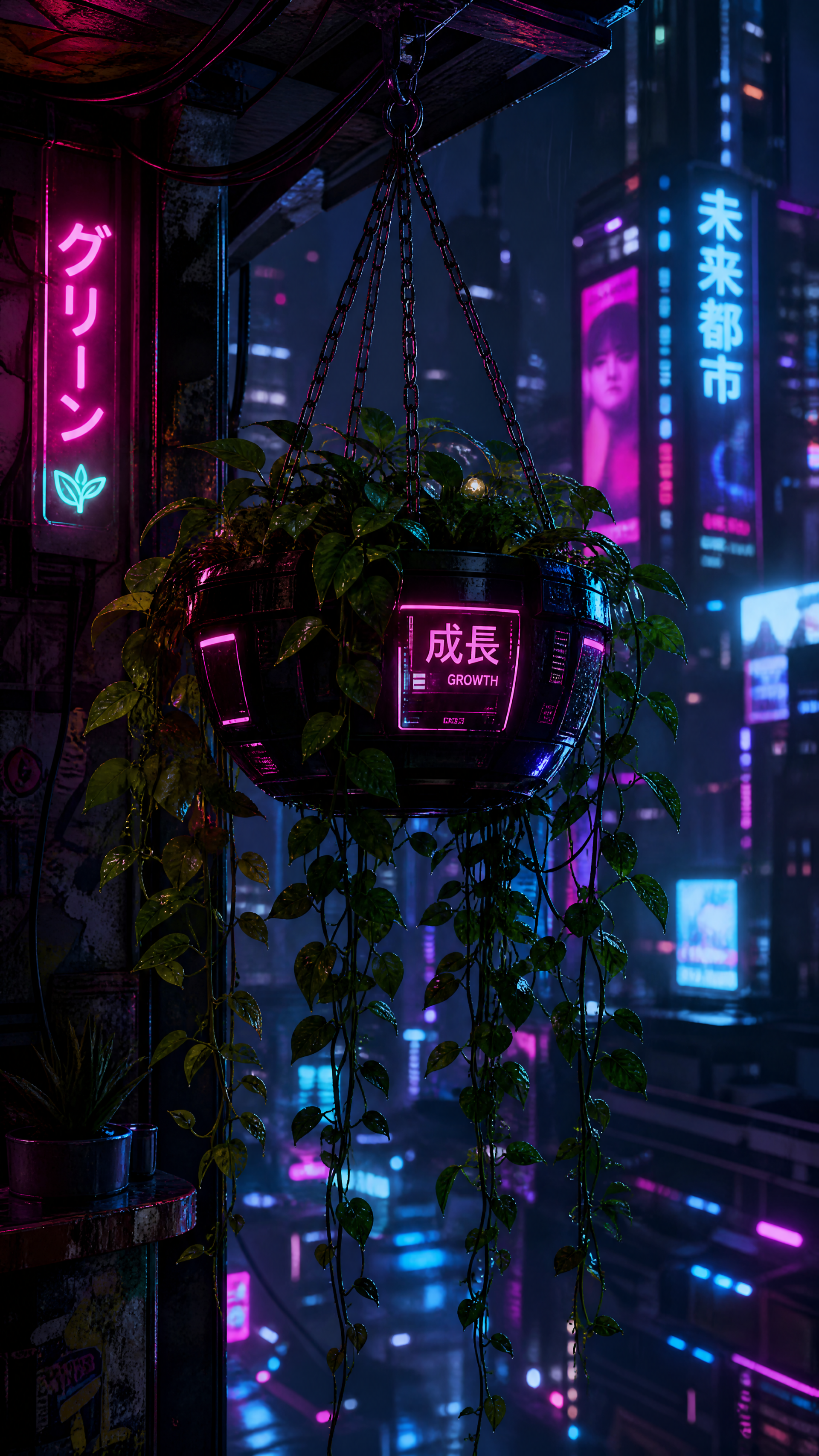 霓虹灯生长：悬挂植物 iPhone 壁纸