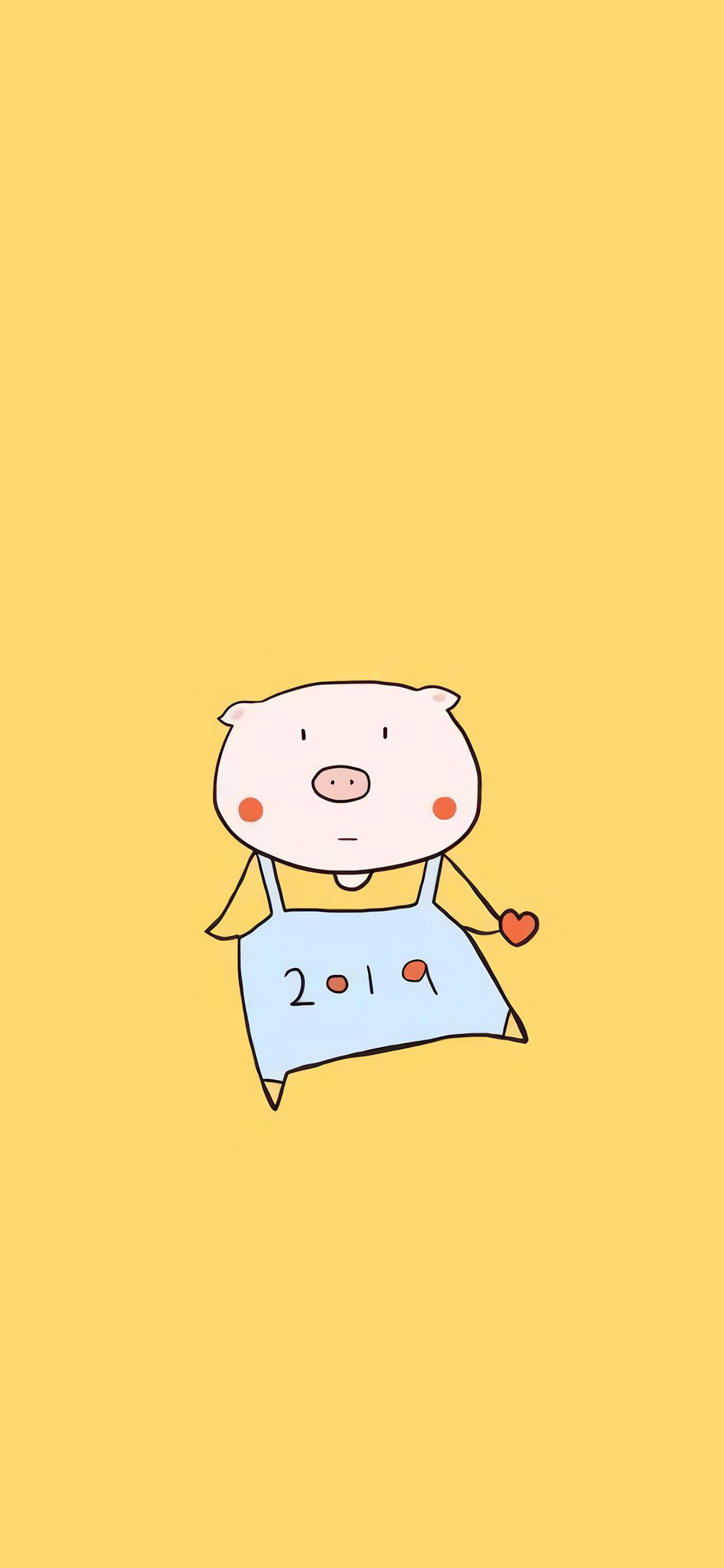 [2436×1125]2019 猪 简约 黄 爱心 苹果手机动漫壁纸图片