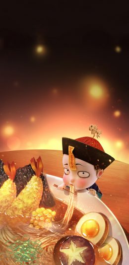 [2436x1125]3D 僵小鱼 吃面 可爱 苹果手机动漫壁纸图片