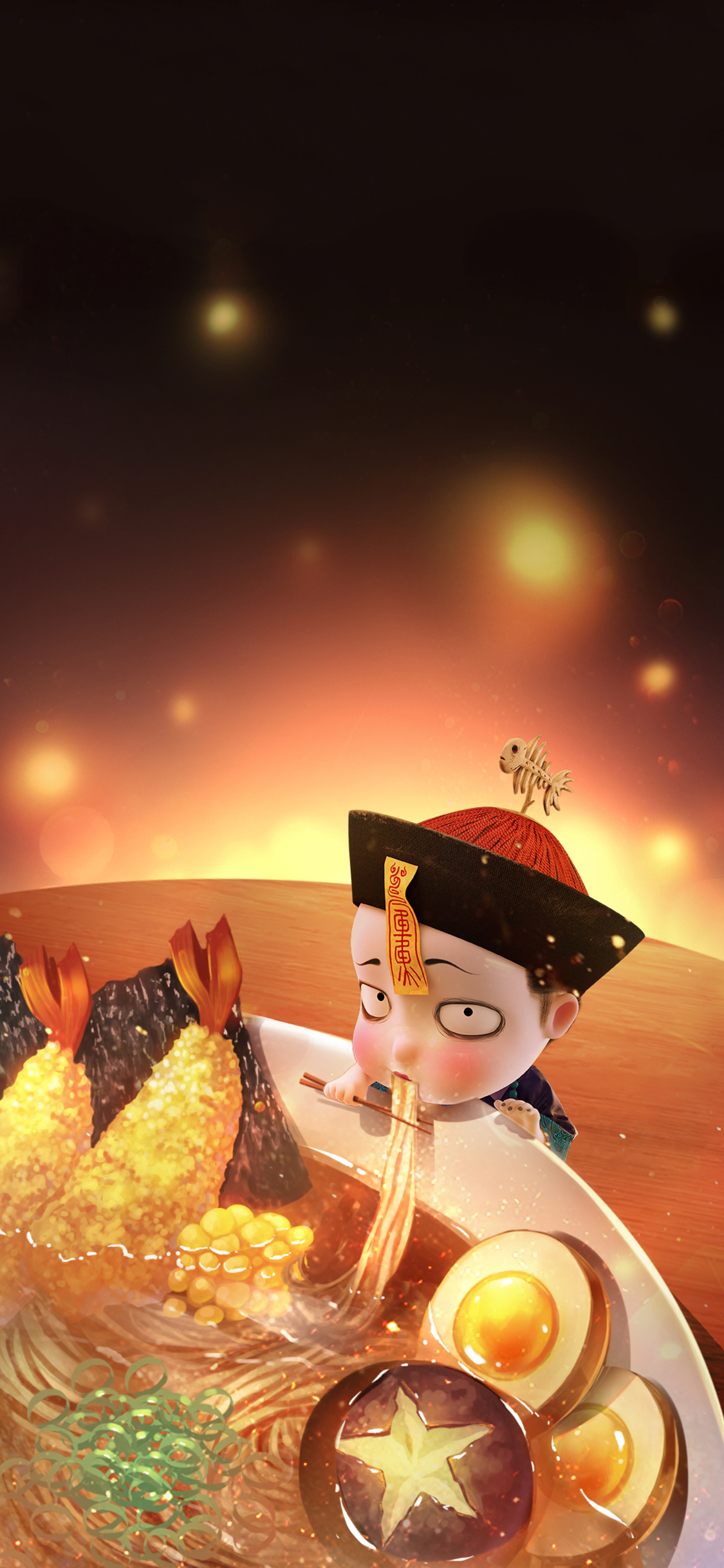 [2436×1125]3D 僵小鱼 吃面 可爱 苹果手机动漫壁纸图片