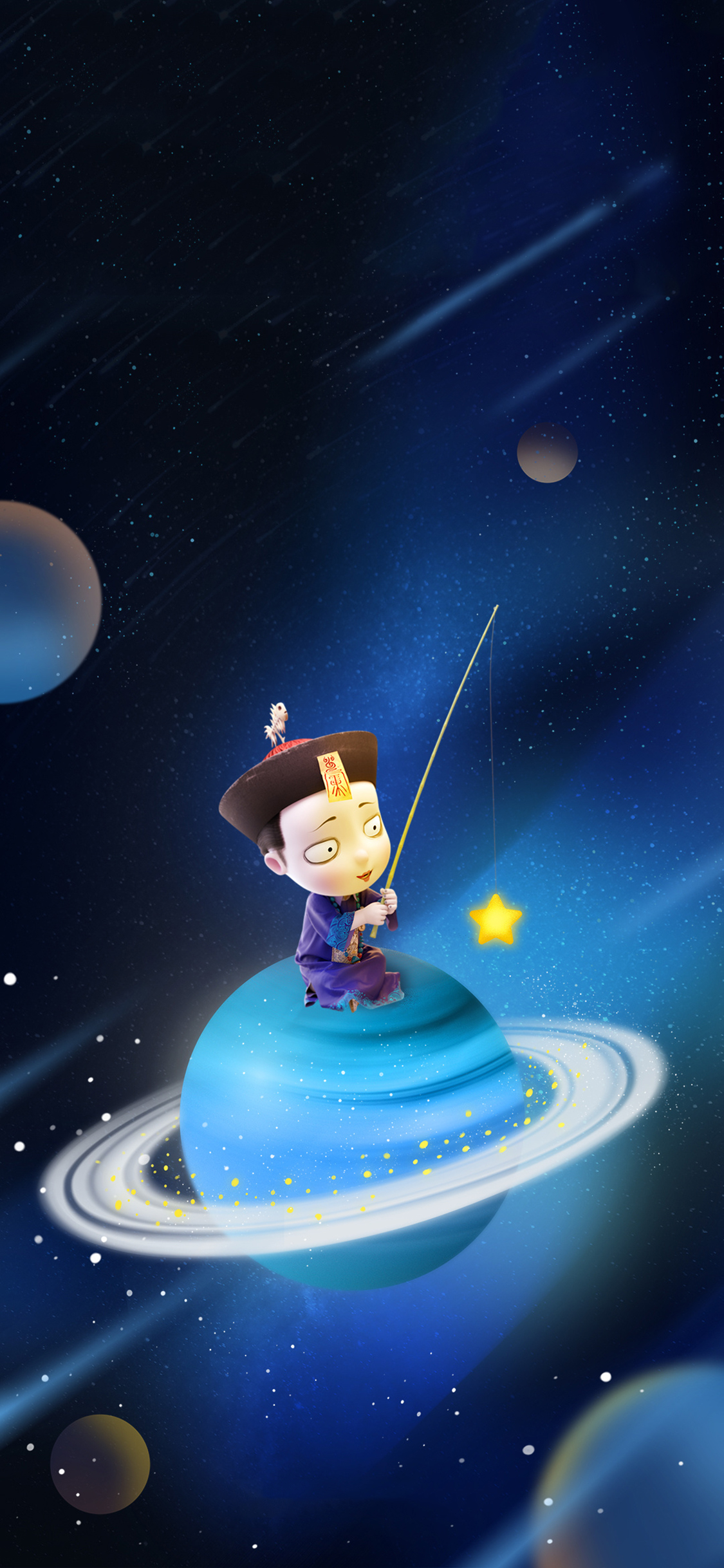[2436×1125]3D 僵小鱼 宇宙行星 钓星星 苹果手机动漫壁纸图片