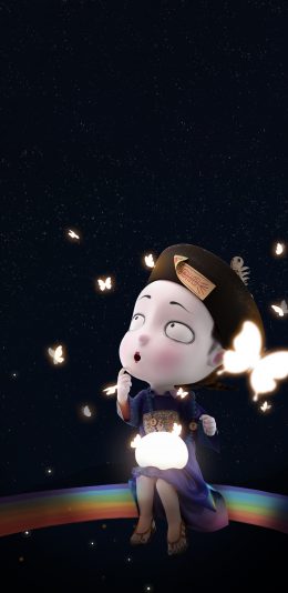 [2436x1125]3D 僵小鱼 小僵尸 可爱 彩虹 蝴蝶 苹果手机动漫壁纸图片