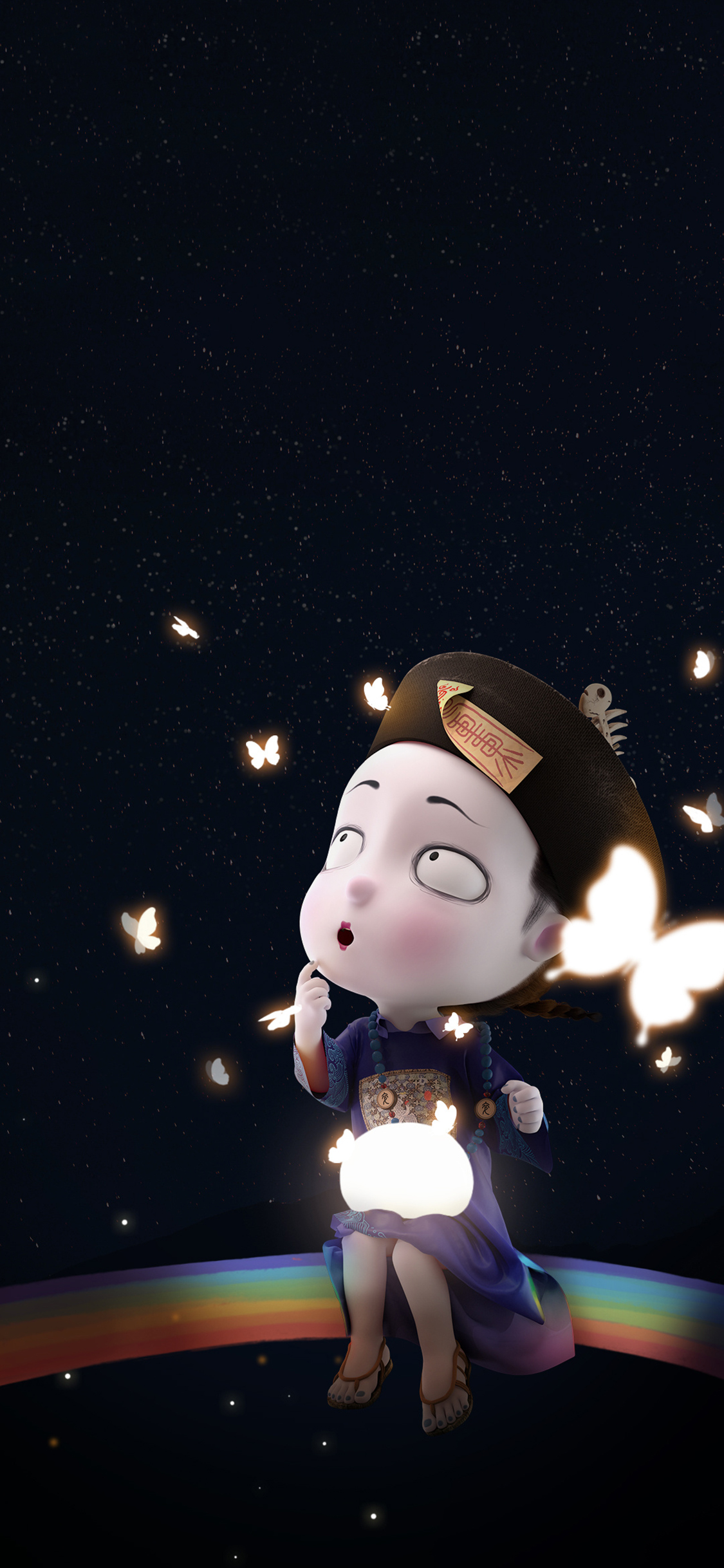 [2436×1125]3D 僵小鱼 小僵尸 可爱 彩虹 蝴蝶 苹果手机动漫壁纸图片