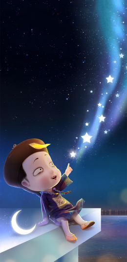 [2436x1125]3D 僵小鱼 小僵尸 月亮 星星 苹果手机动漫壁纸图片