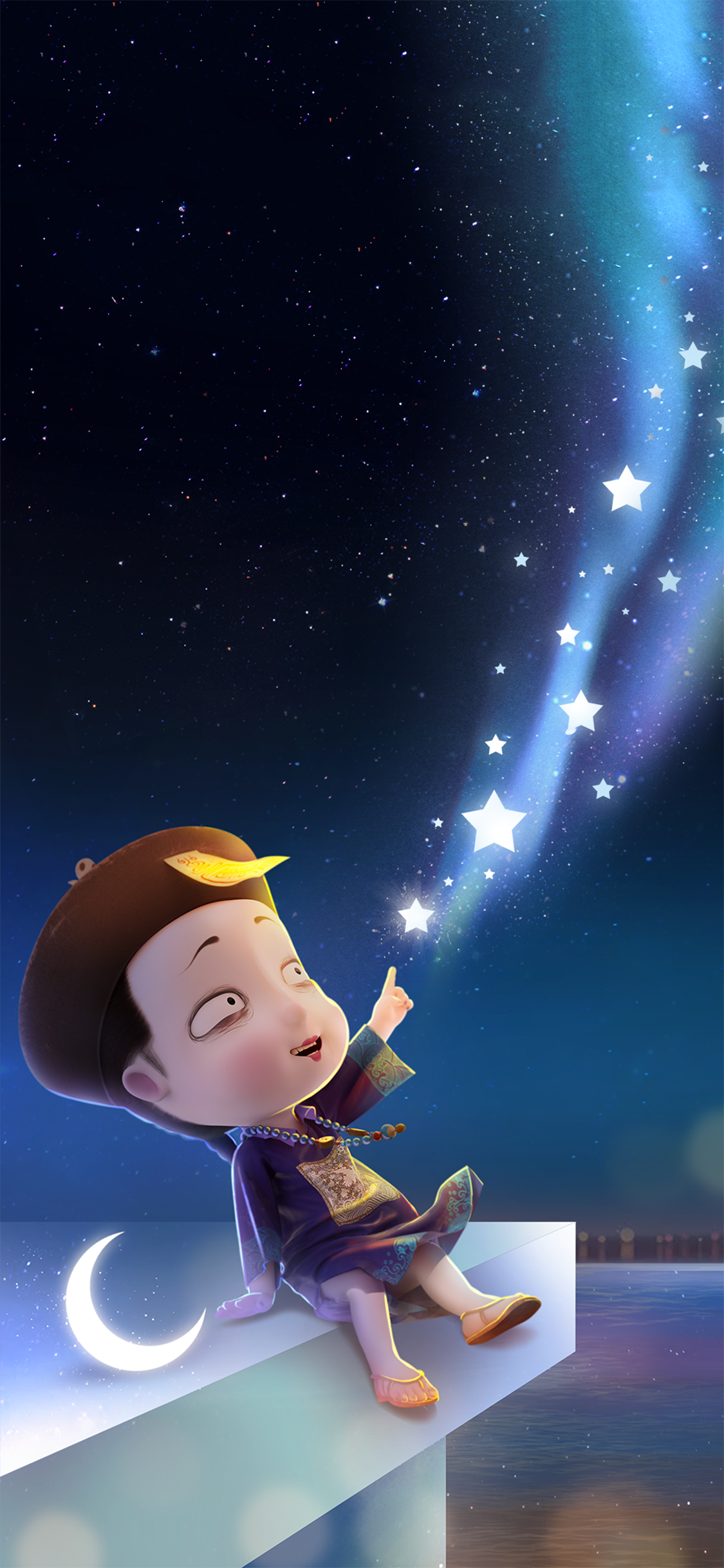 [2436×1125]3D 僵小鱼 小僵尸 月亮 星星 苹果手机动漫壁纸图片