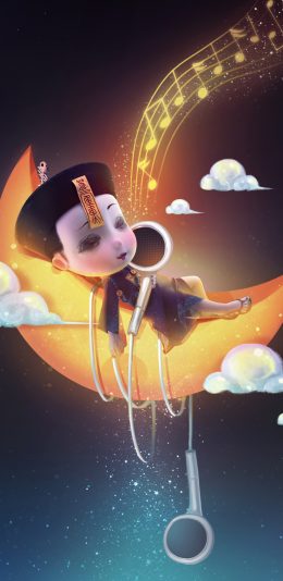 [2436x1125]3D 僵小鱼 月亮 耳机 苹果手机动漫壁纸图片