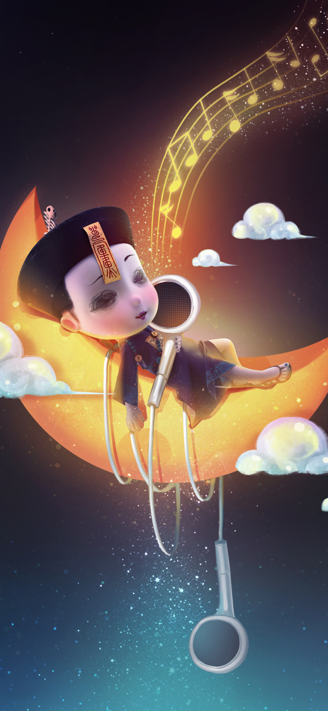 [2436×1125]3D 僵小鱼 月亮 耳机 苹果手机动漫壁纸图片