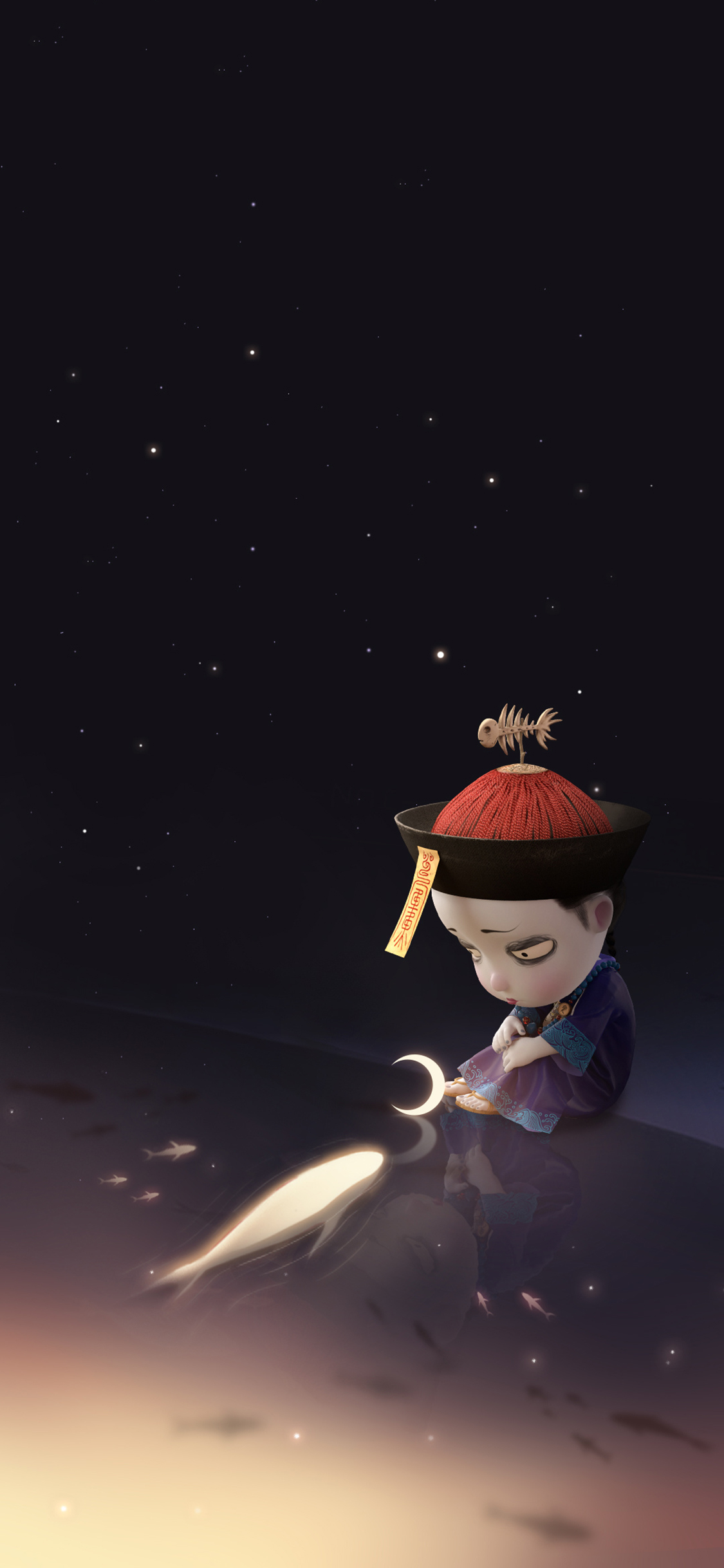 [2436×1125]3D 僵小鱼 梦幻 月牙 鱼 苹果手机动漫壁纸图片