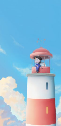 [2436x1125]3D 僵小鱼 灯塔 蓝天 苹果手机动漫壁纸图片