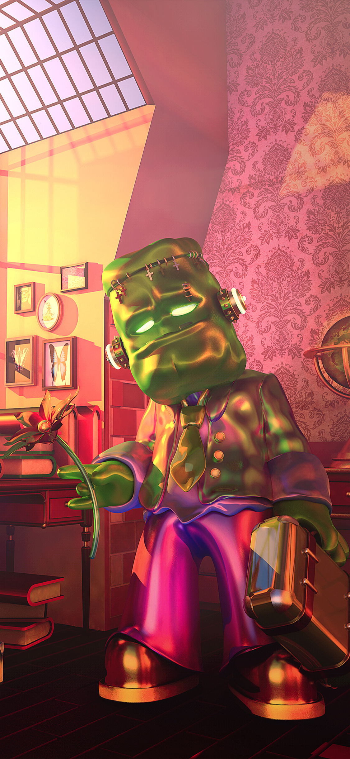 [2436×1125]3D 机器人 花朵 创意 苹果手机动漫壁纸图片