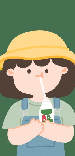 [2436x1125]AD钙奶 小女孩 吸管 饮料 绿色 苹果手机动漫壁纸图片