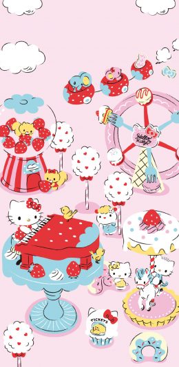 [2436x1125]Hello Kitty 凯特猫 卡通 粉色 草莓 苹果手机动漫壁纸图片
