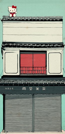[2436x1125]Hello Kitty 凯特猫 漫画 复古 房屋 苹果手机动漫壁纸图片