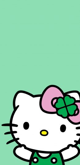 [2436x1125]Hello kitty 凯特猫 动画 卡通 绿色 蝴蝶结 苹果手机动漫壁纸图片