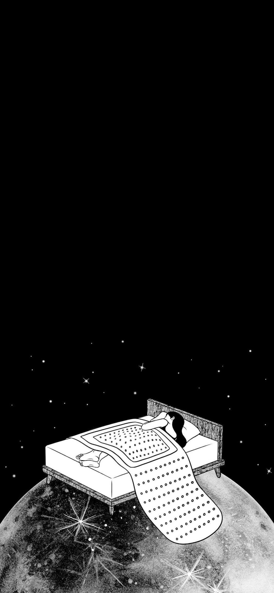 [2436×1125]Henn Kim插画 女孩 睡觉 星空 苹果手机动漫壁纸图片