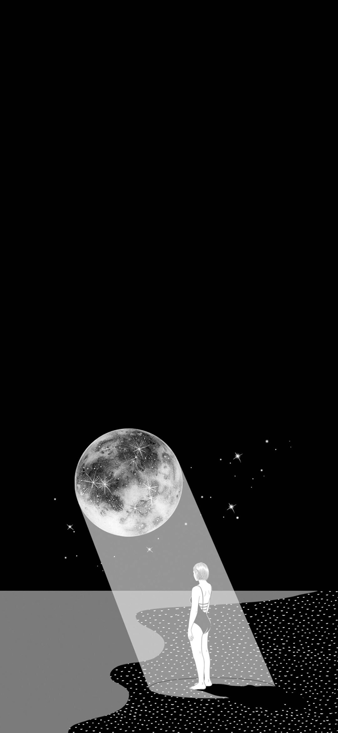 [2436×1125]Henn Kim插画 月球 女孩 黑白 苹果手机动漫壁纸图片