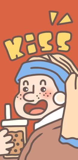 [2436x1125]KISS 戴珍珠耳环的少女 奶茶 卡通 雀斑 苹果手机动漫壁纸图片