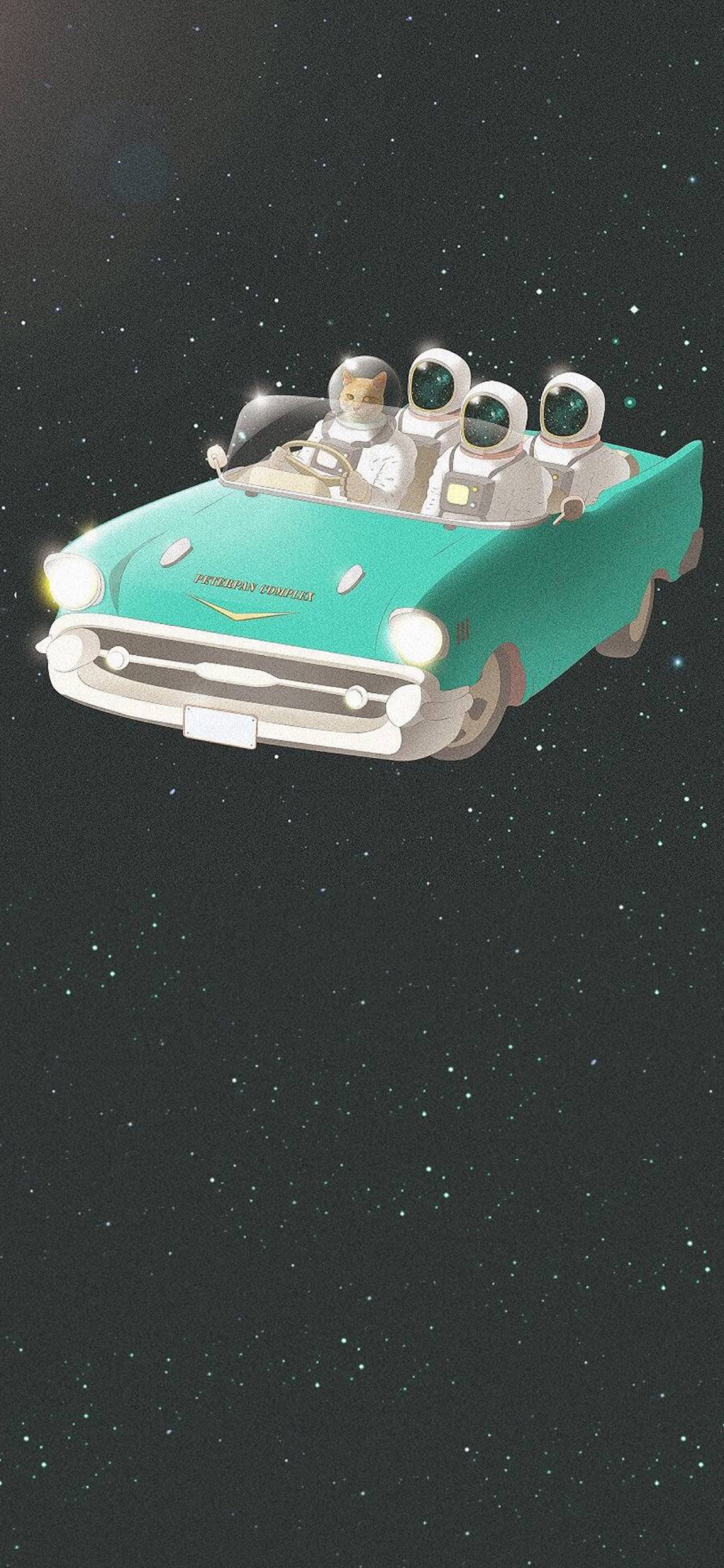 [2436×1125]LOOKANDRAW作品 太空 猫咪 汽车 苹果手机动漫壁纸图片