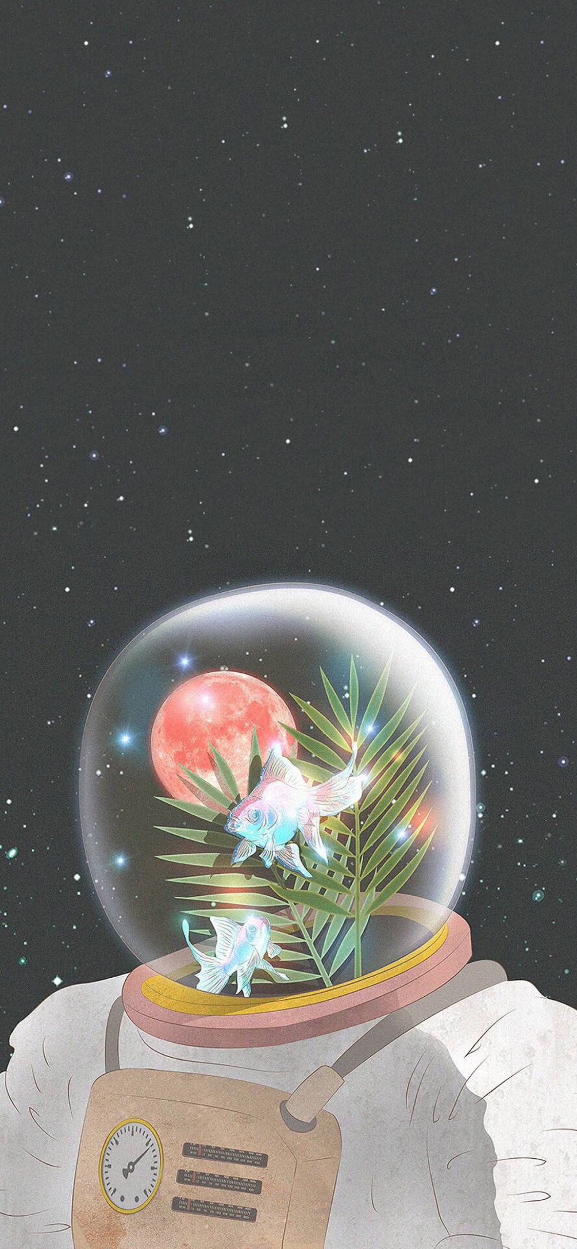 [2436×1125]LOOKANDRAW插画 太空 金鱼缸 苹果手机动漫壁纸图片