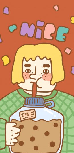 [2436x1125]NICE 小女孩 珍珠奶茶 全糖 真好 苹果手机动漫壁纸图片