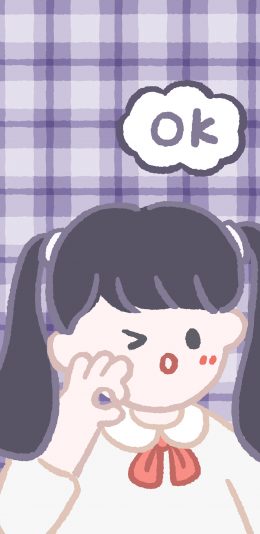 [2436x1125]OK 女孩 网格 紫色 手势 好的 苹果手机动漫壁纸图片