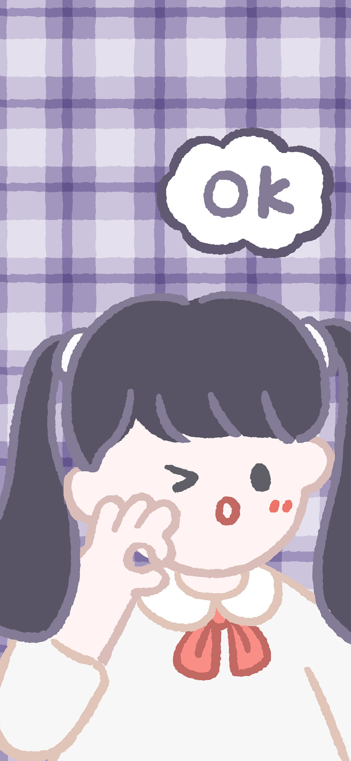 [2436×1125]OK 女孩 网格 紫色 手势 好的 苹果手机动漫壁纸图片