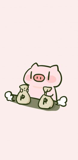 [2436x1125]PP猪 钱袋 有钱 粉 苹果手机动漫壁纸图片