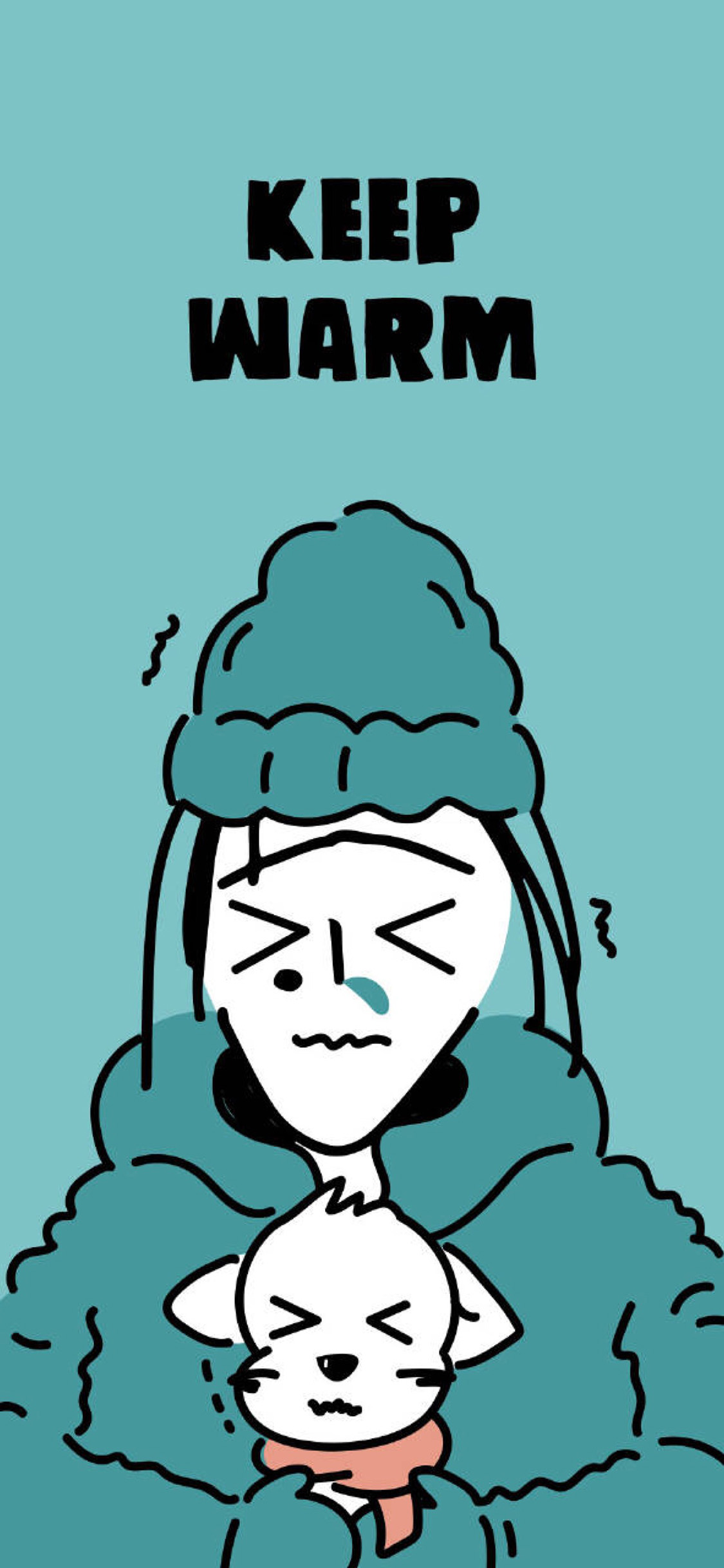 [2436×1125]UGLY BABY 卡通 女孩 keep warm 苹果手机动漫壁纸图片