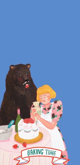 [2436x1125]baking time 黑熊 女孩 插画 苹果手机动漫壁纸图片
