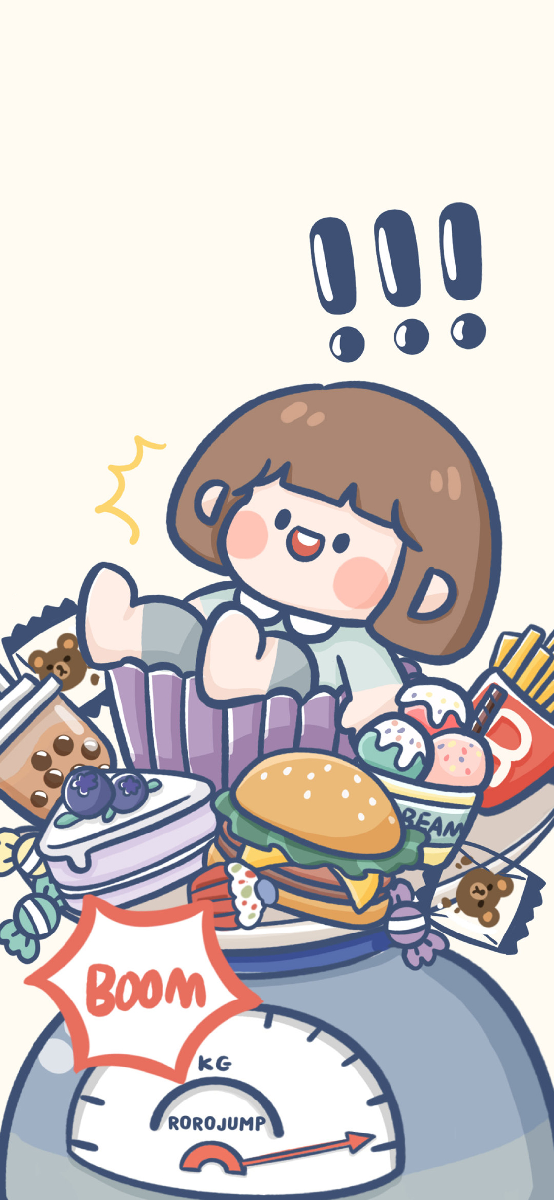 [2436×1125]boom 肉肉酱 感叹号 汉堡 薯条 零食 苹果手机动漫壁纸图片